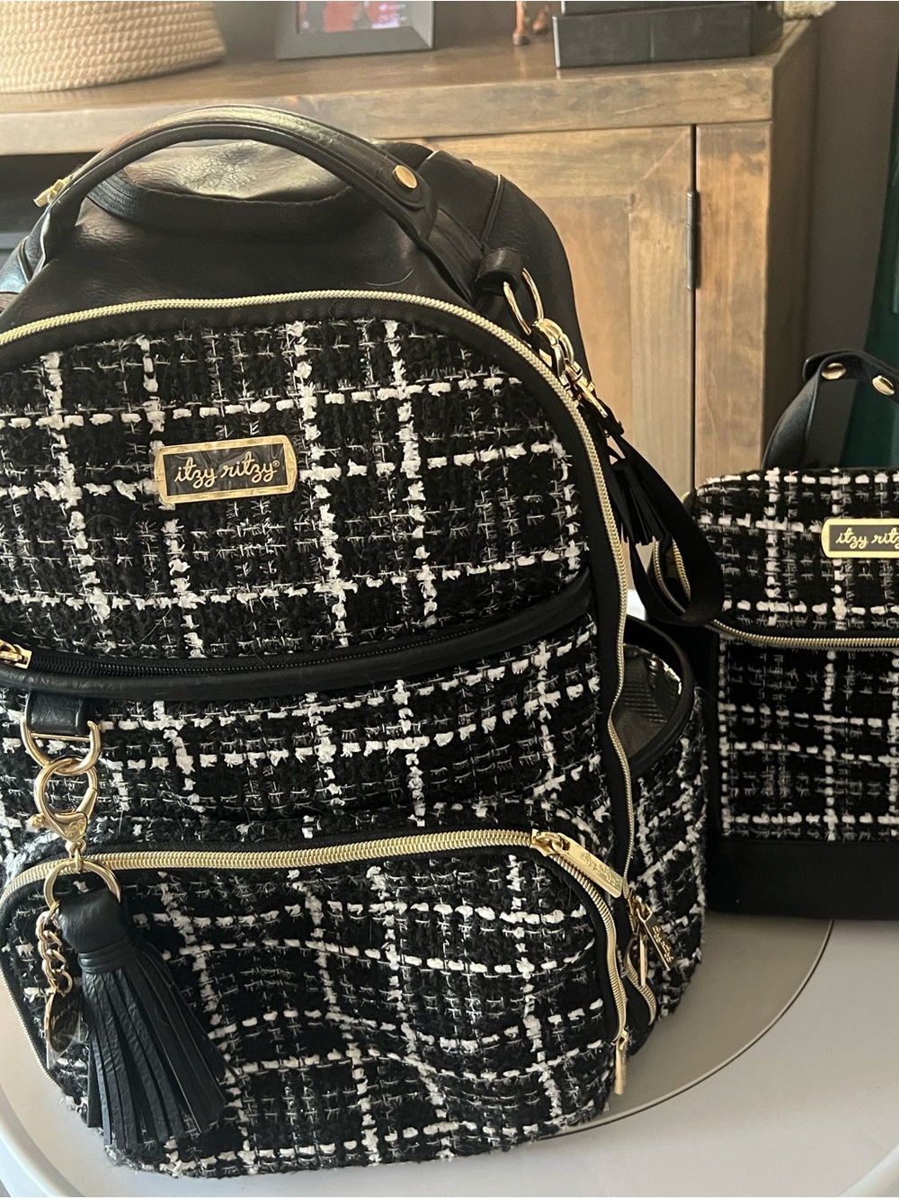 Itzy Ritzy Black & White Tweed Backpack with Gold Accents
